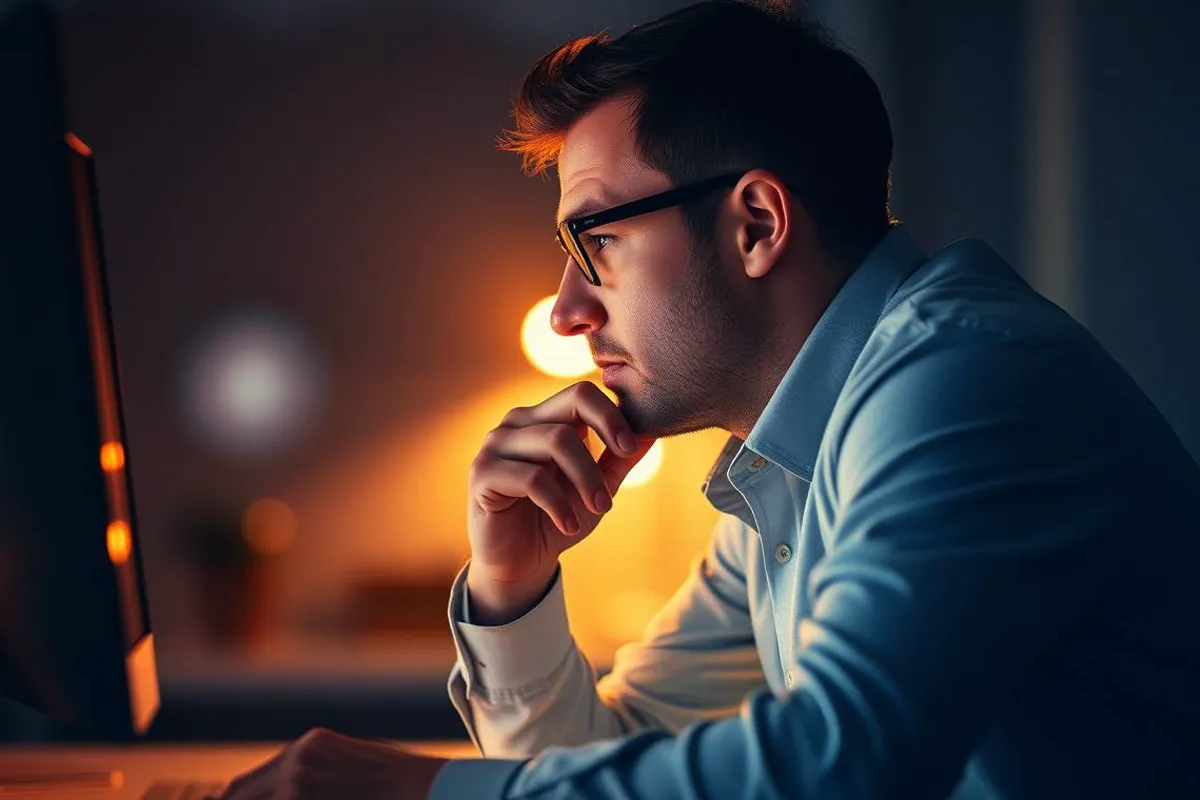 mies istuu tietokoneen edessä mietteliään näköisenä