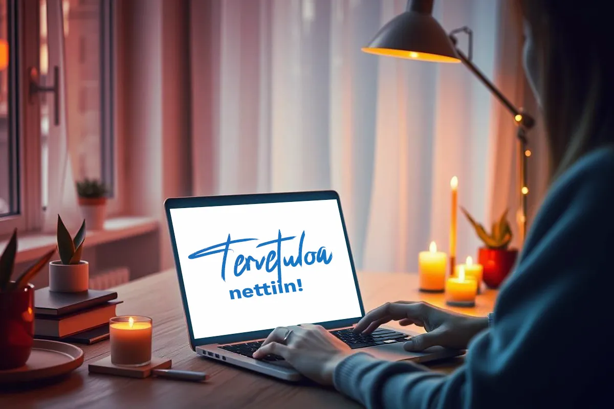 Nainen kirjoittaa tietokoneella kynttilöiden valossa.